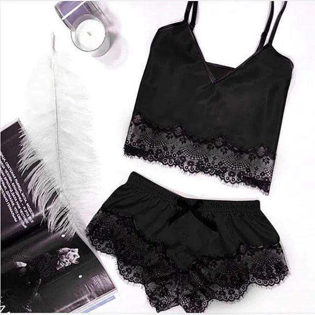 Slip Women Satin pajamas lace suspender shorts