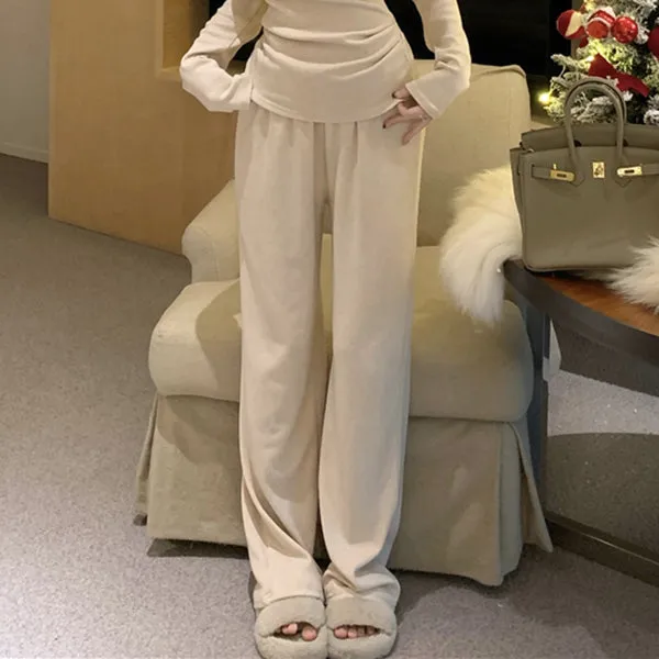 Sloping Shoulders Long-Sleeved Top Set Wide-Leg Pants