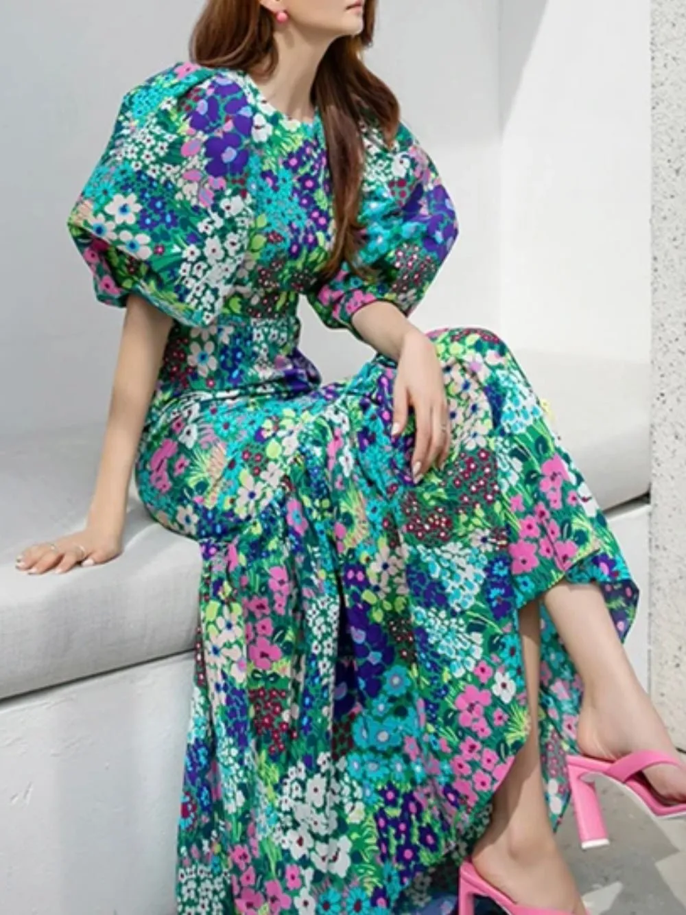 Turquoise and purple floral pattern  maxi dress
