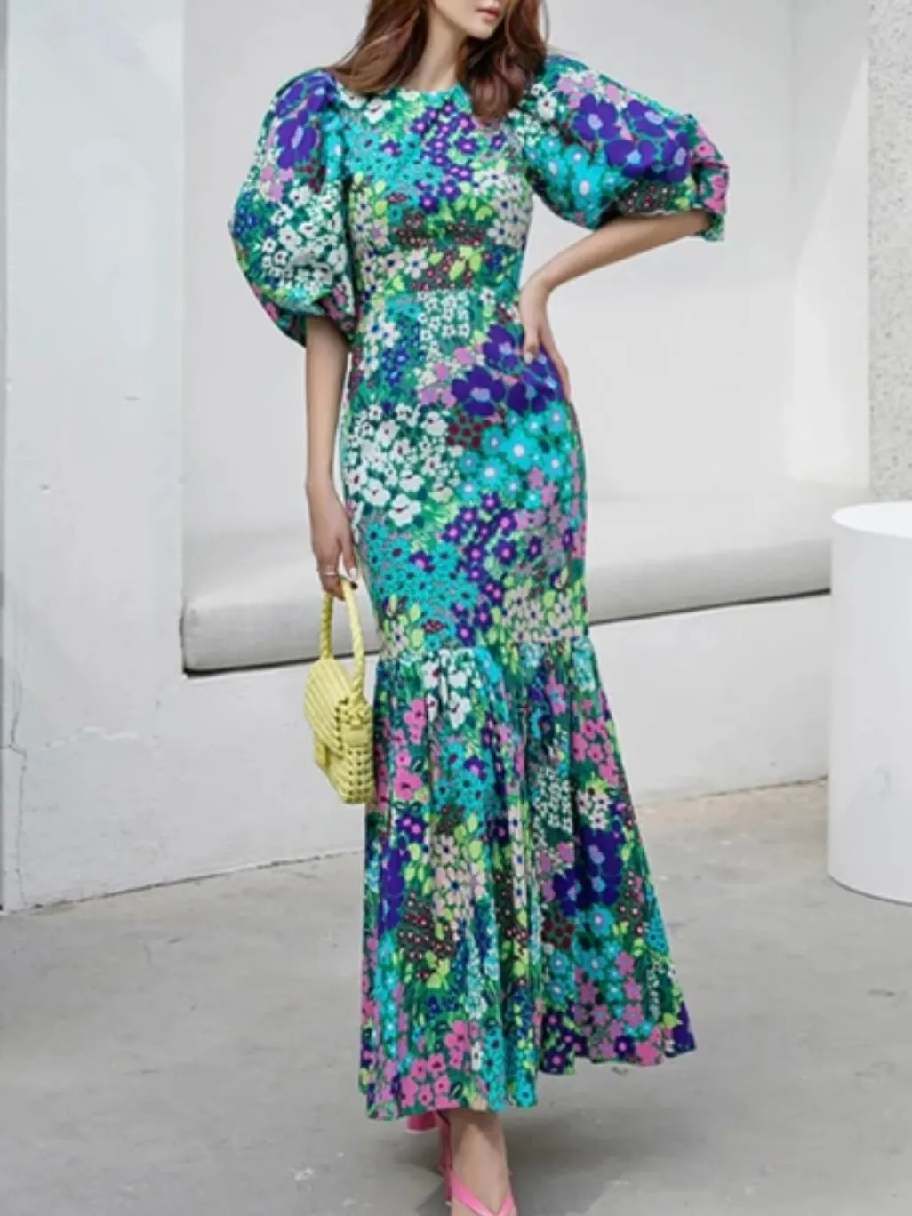 Turquoise and purple floral pattern  maxi dress
