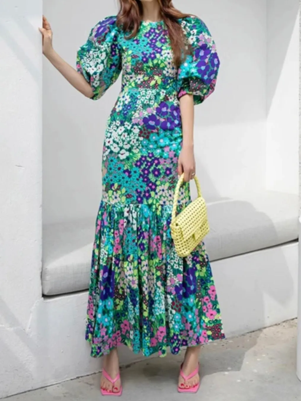 Turquoise and purple floral pattern  maxi dress