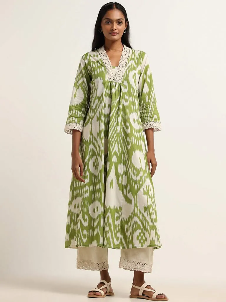 Utsa Green Ikkat Printed Cotton Kurta