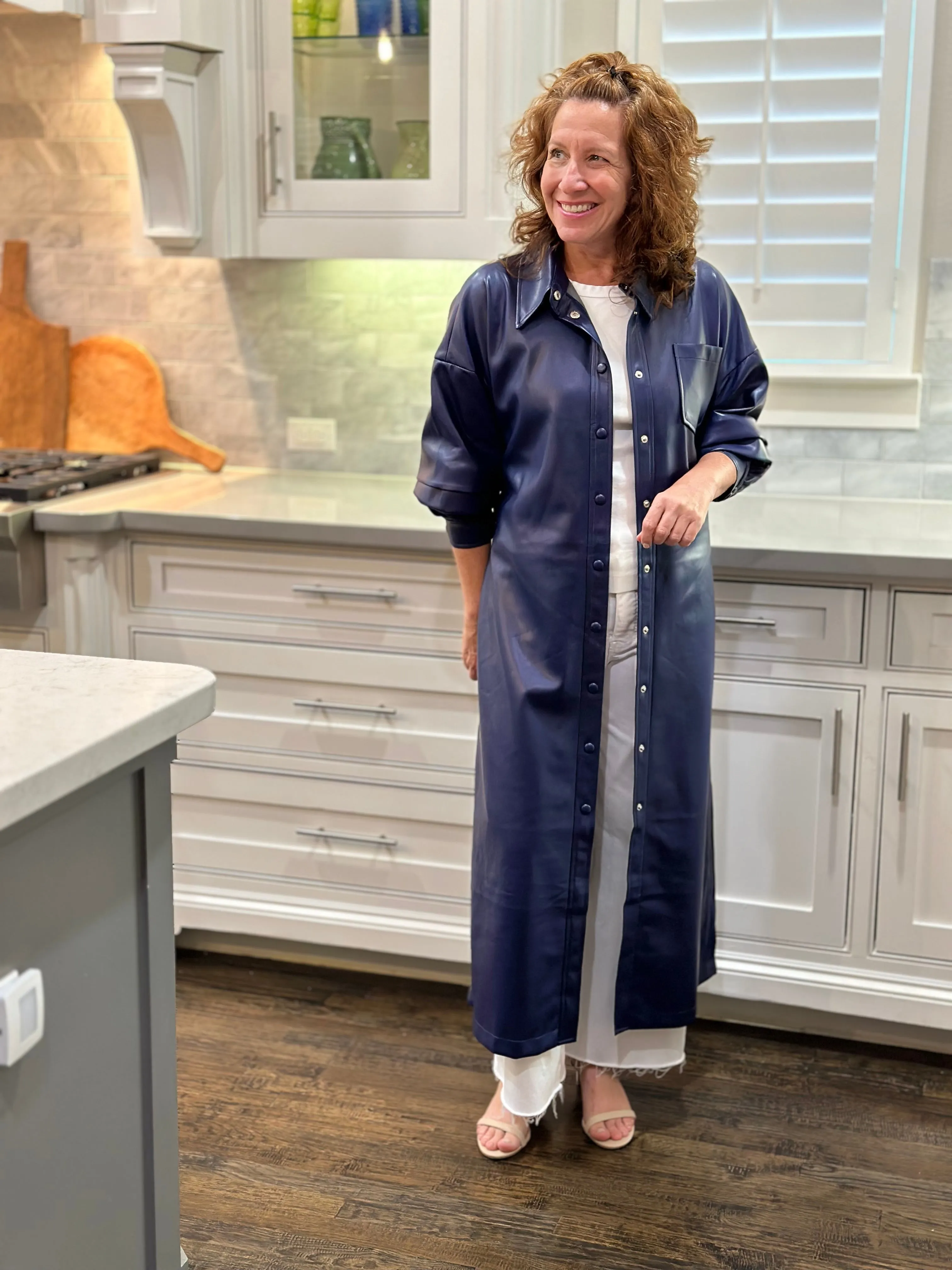 Vegan Leather Ruched Sleeve Maxi Dress in Navy