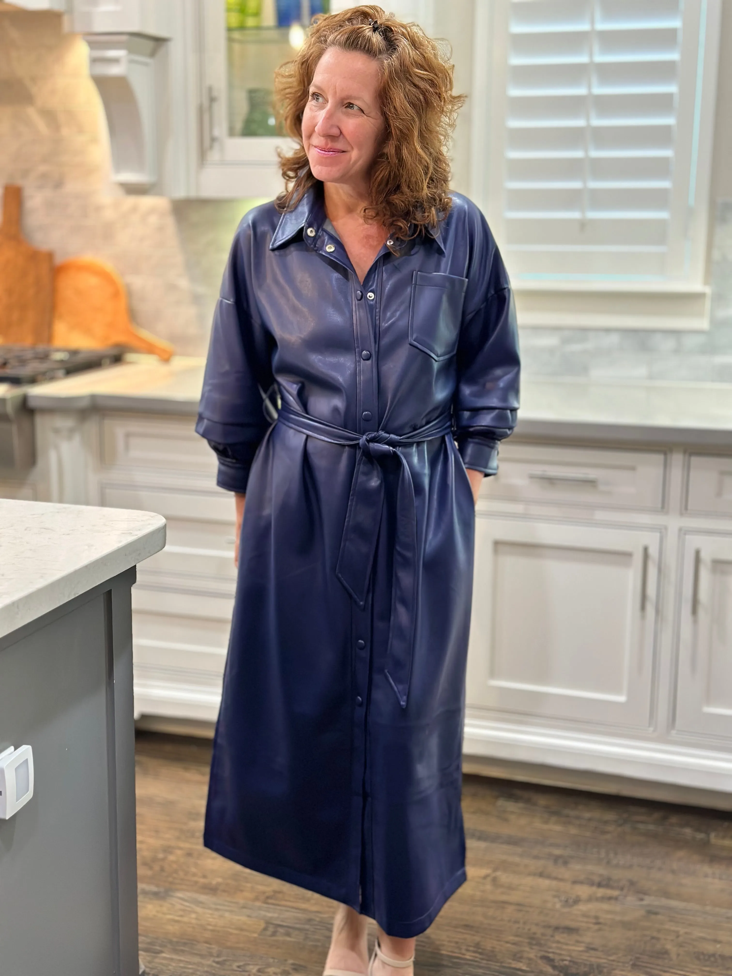 Vegan Leather Ruched Sleeve Maxi Dress in Navy