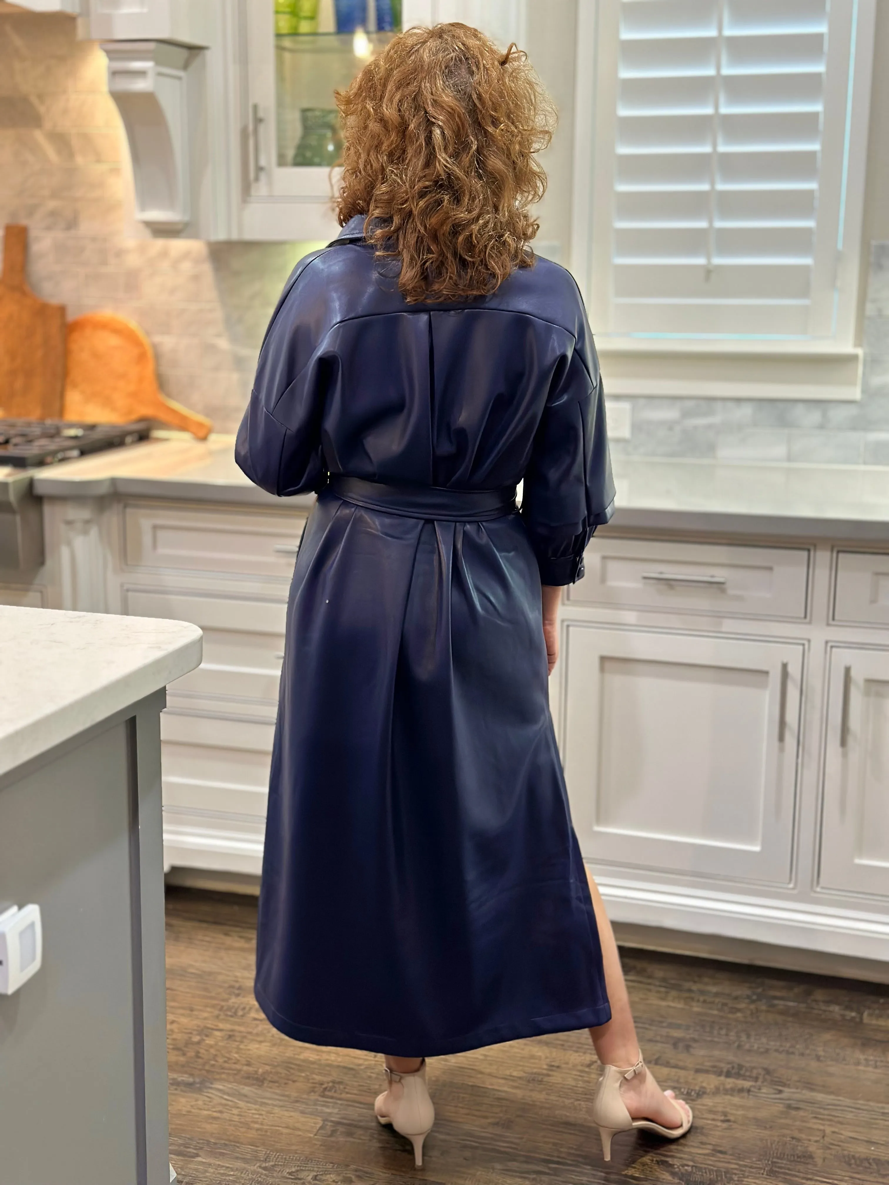 Vegan Leather Ruched Sleeve Maxi Dress in Navy