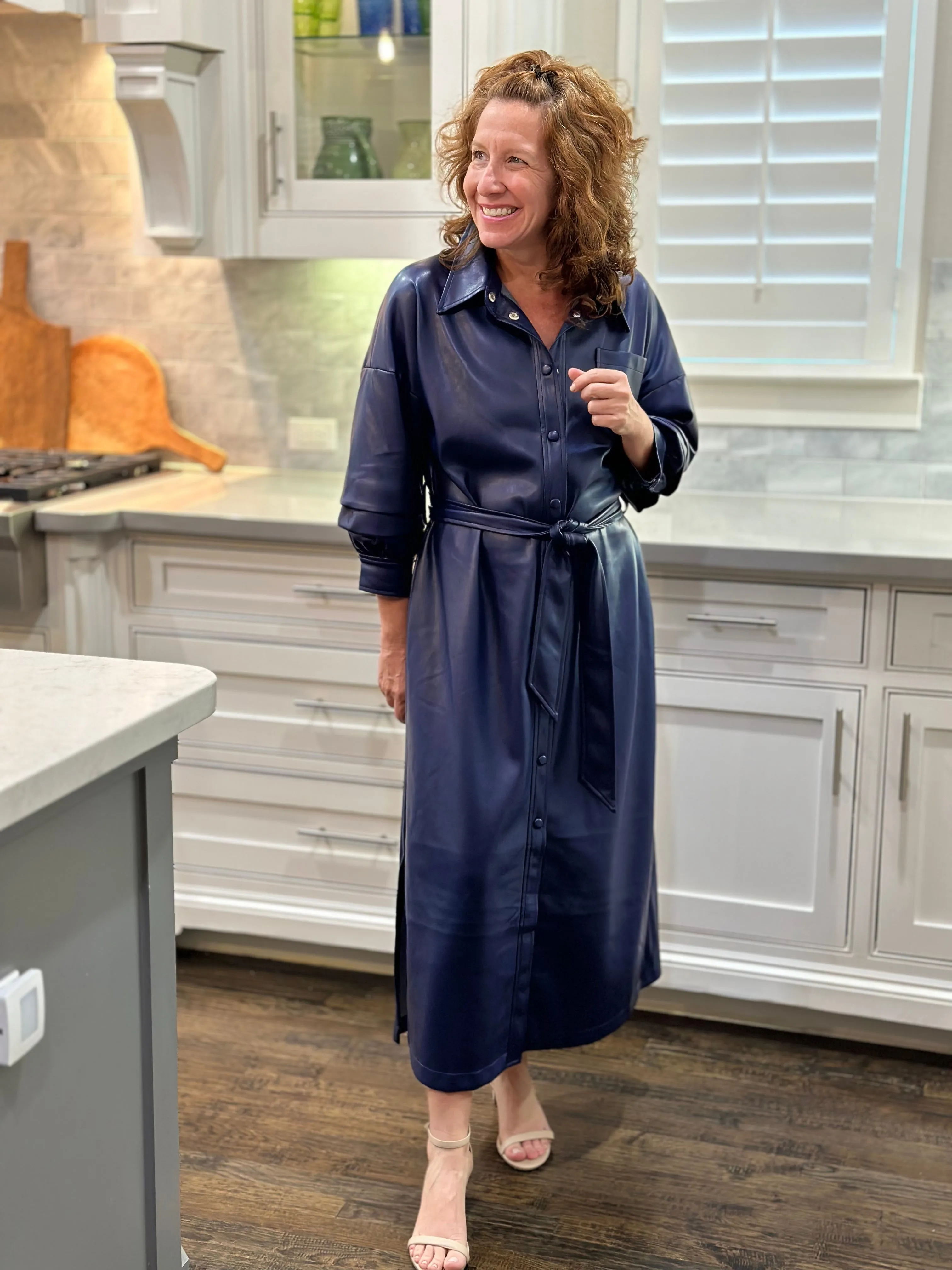 Vegan Leather Ruched Sleeve Maxi Dress in Navy