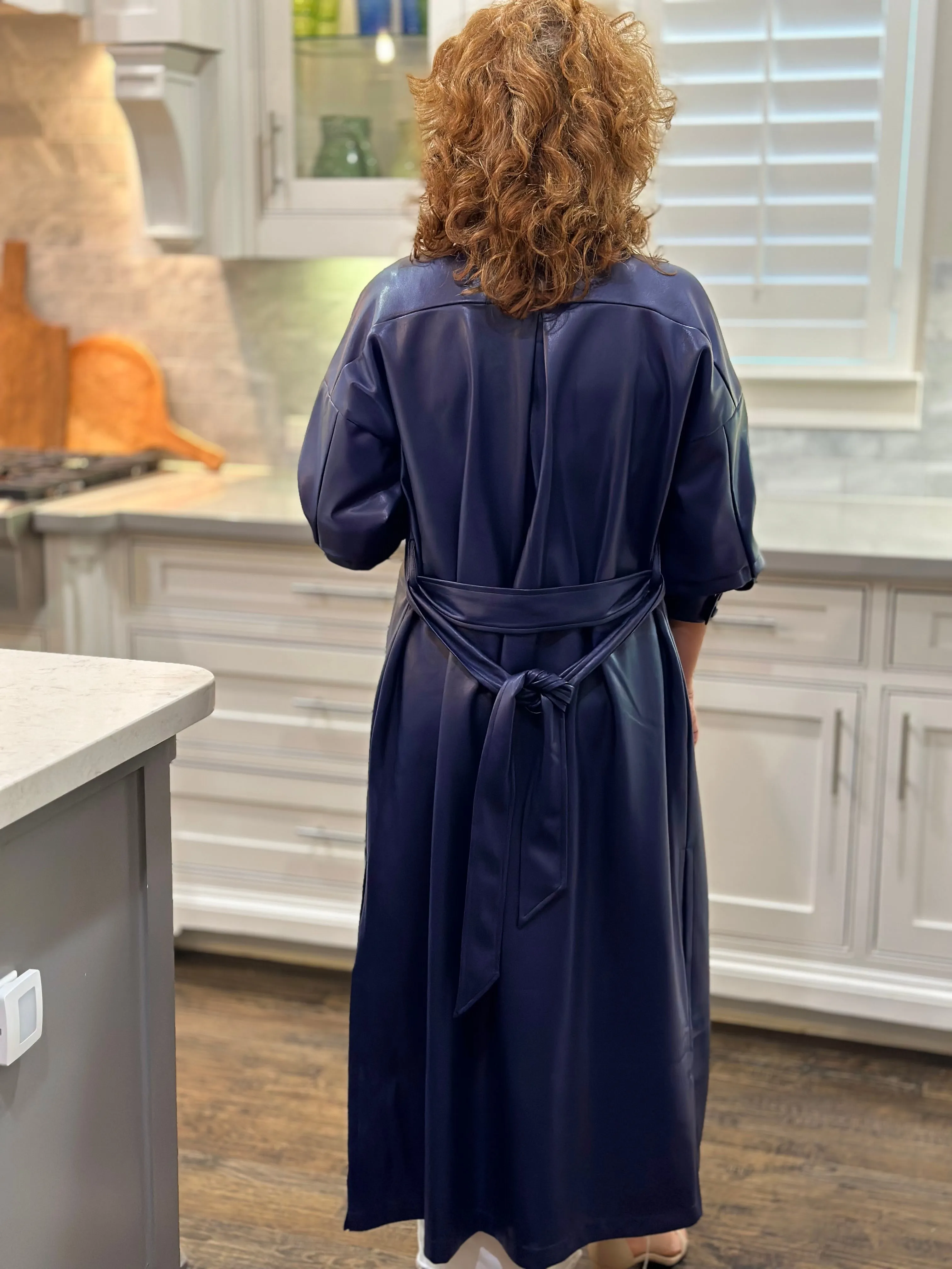 Vegan Leather Ruched Sleeve Maxi Dress in Navy