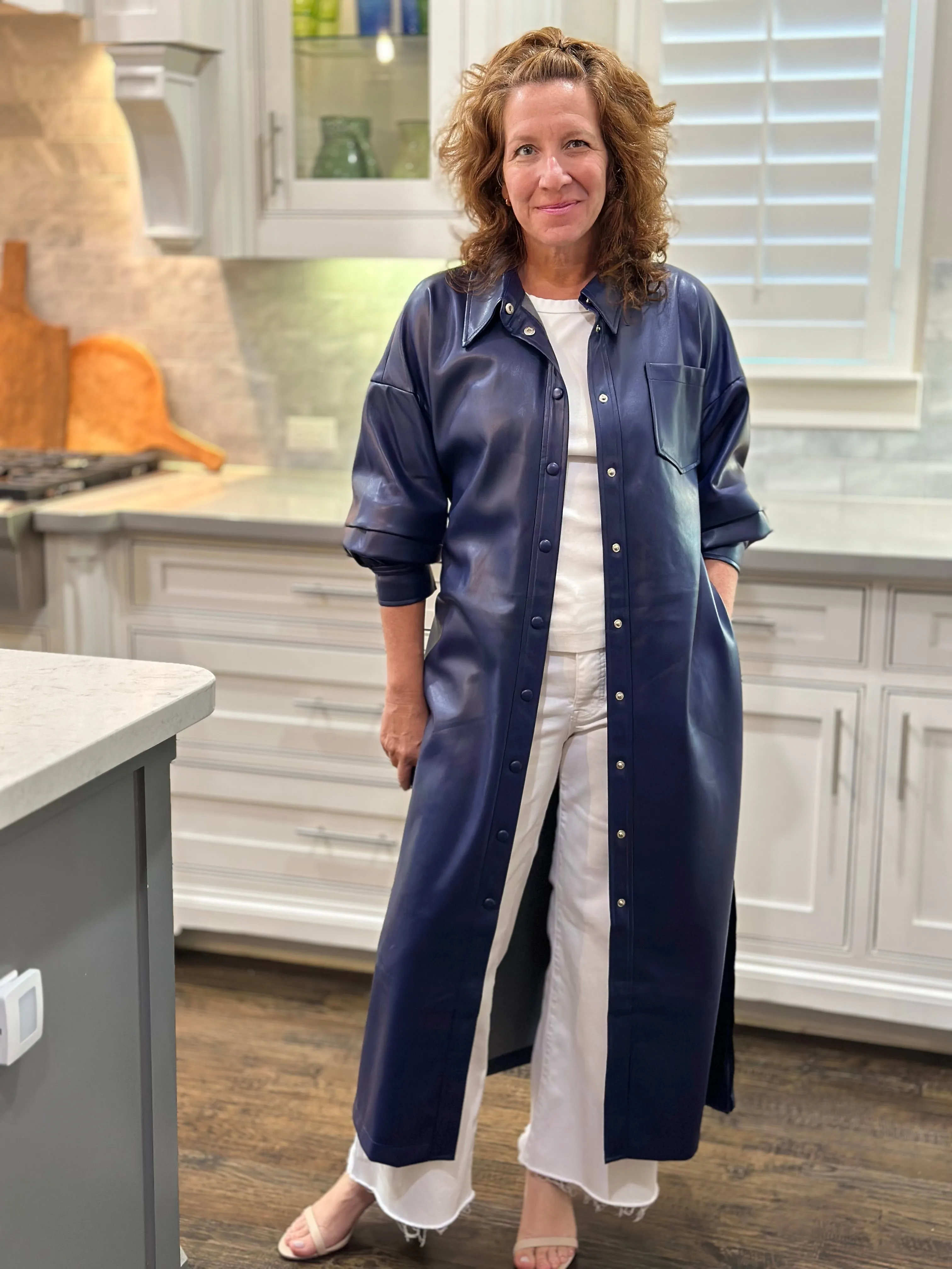 Vegan Leather Ruched Sleeve Maxi Dress in Navy
