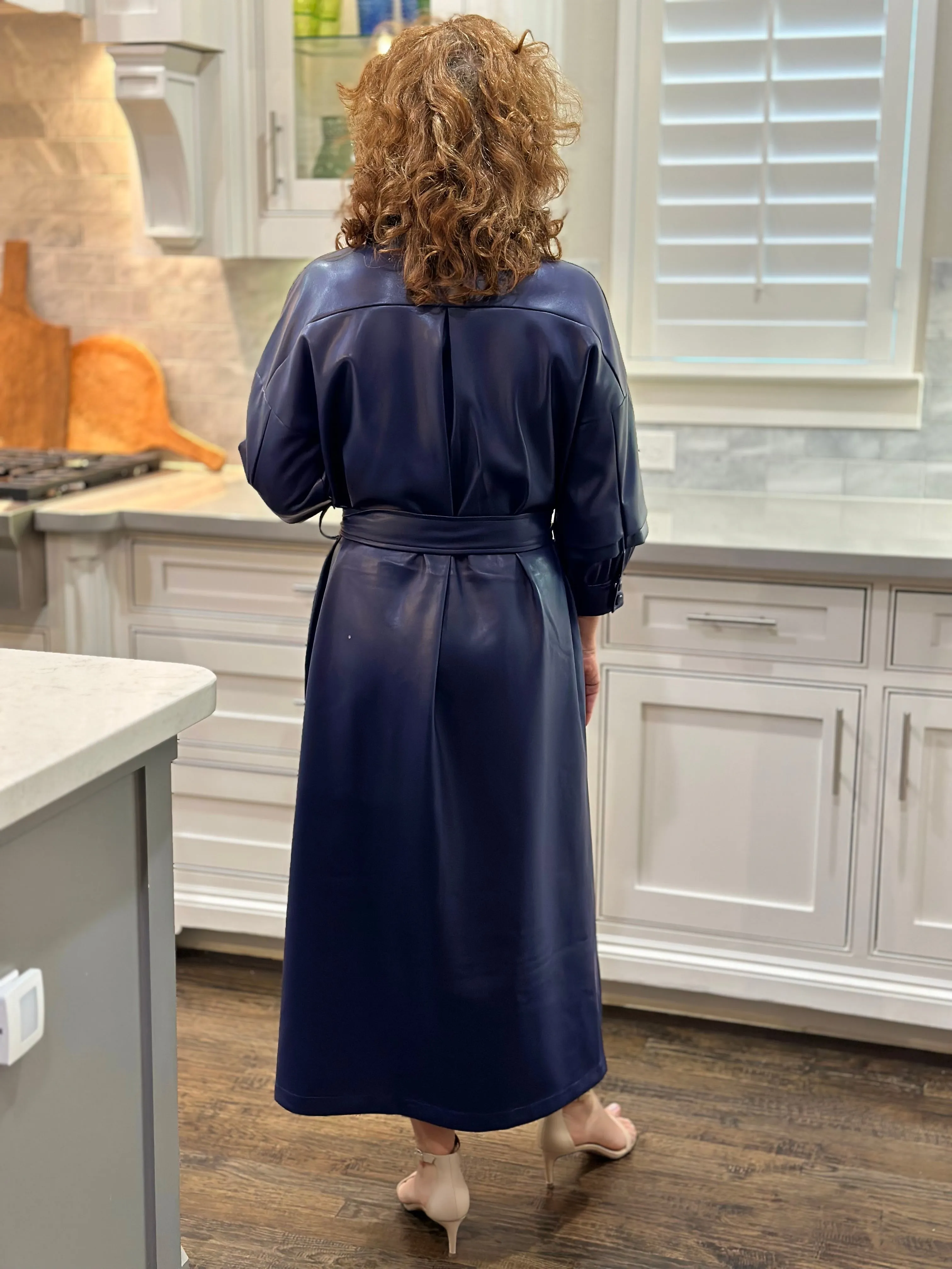 Vegan Leather Ruched Sleeve Maxi Dress in Navy