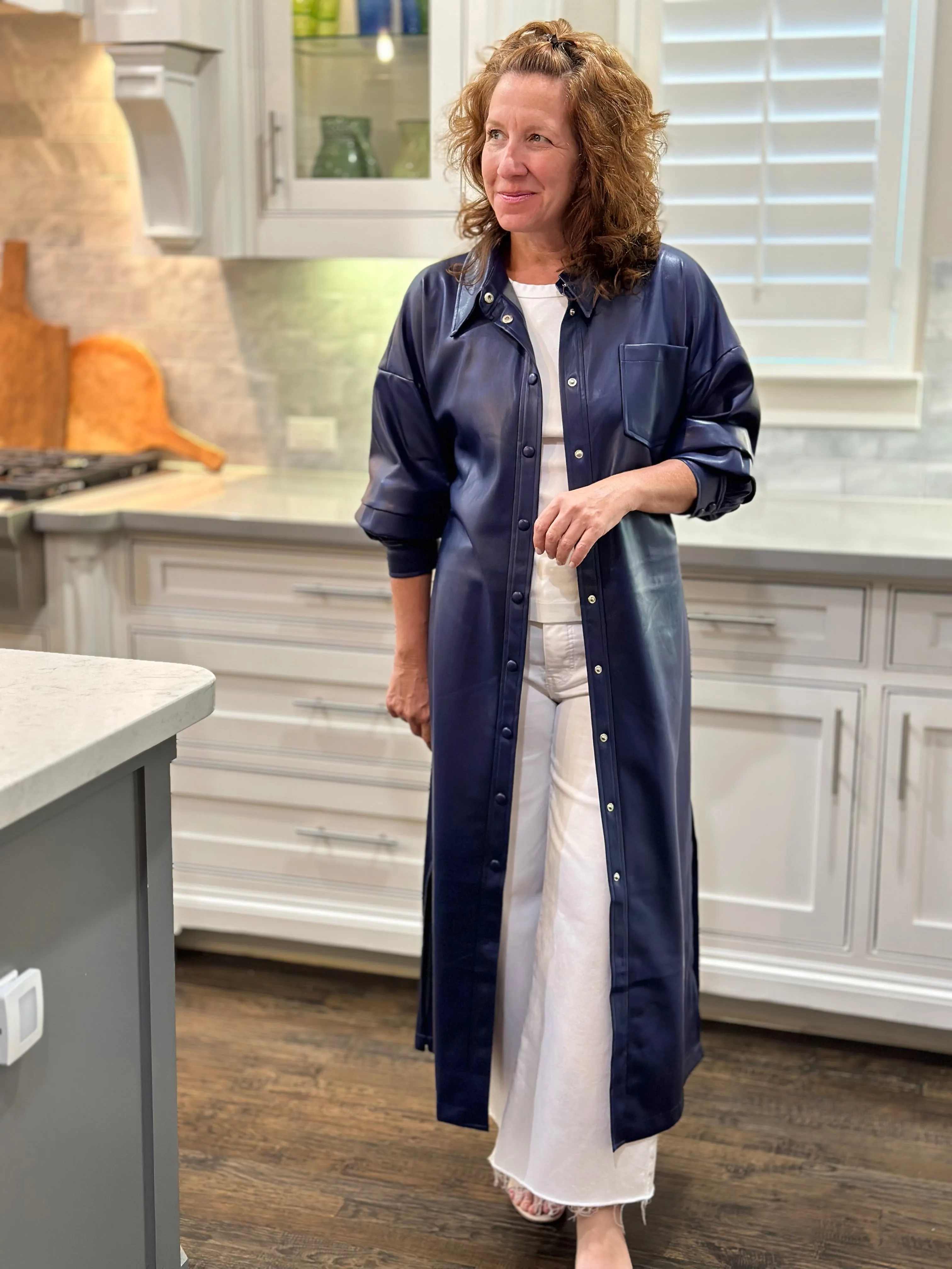 Vegan Leather Ruched Sleeve Maxi Dress in Navy