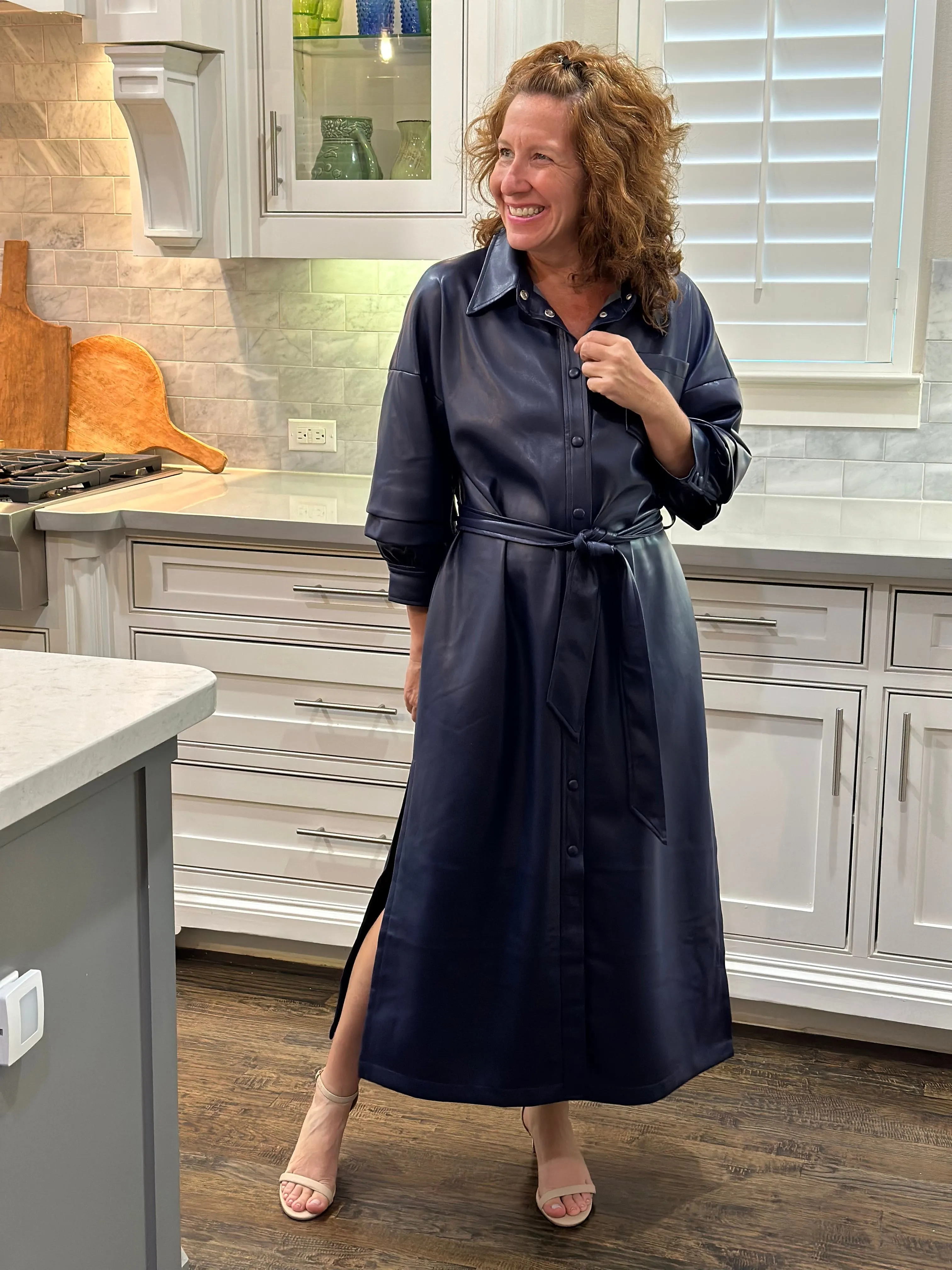 Vegan Leather Ruched Sleeve Maxi Dress in Navy
