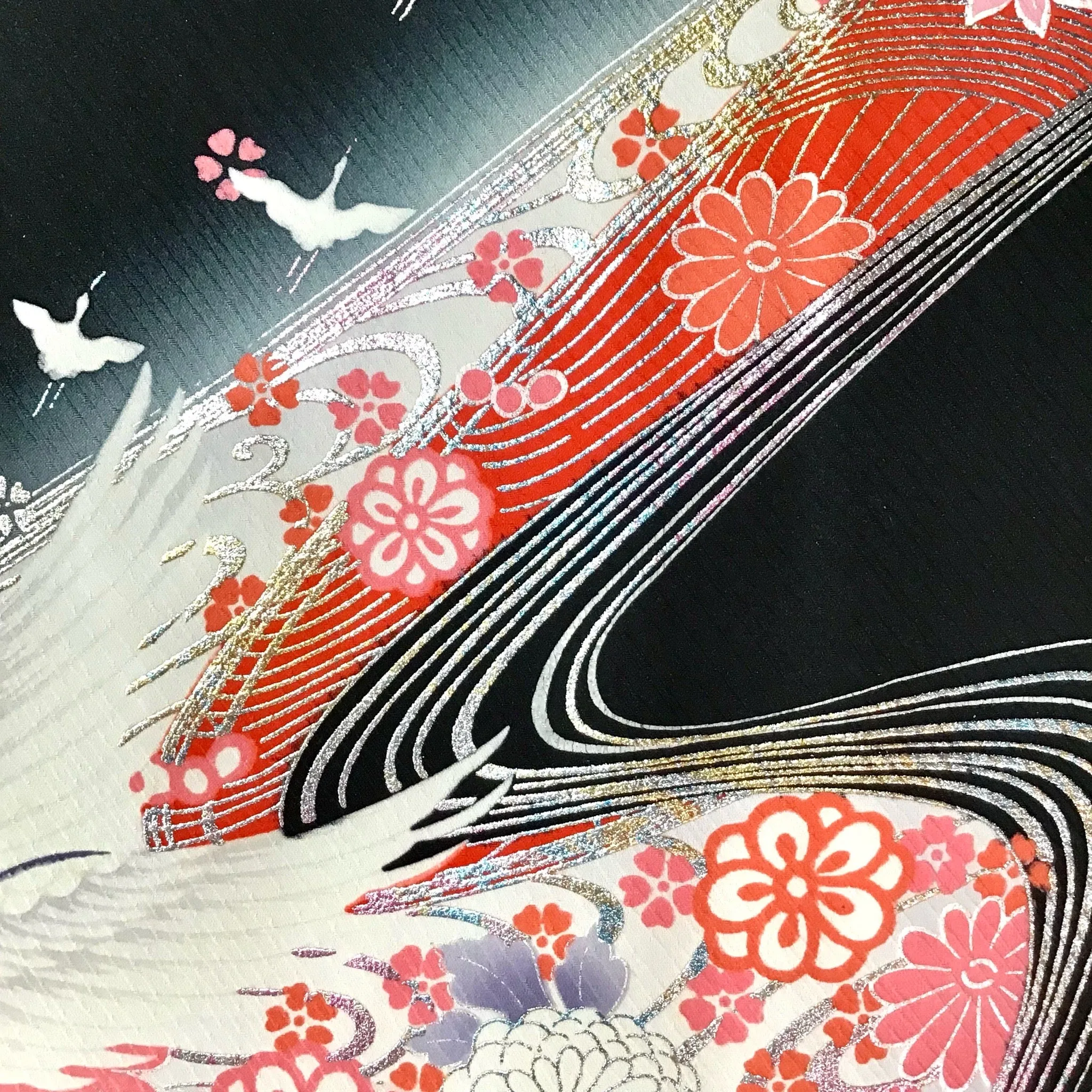 Vintage Furisode Kimono ‘Black & Pink With Silver Cranes’