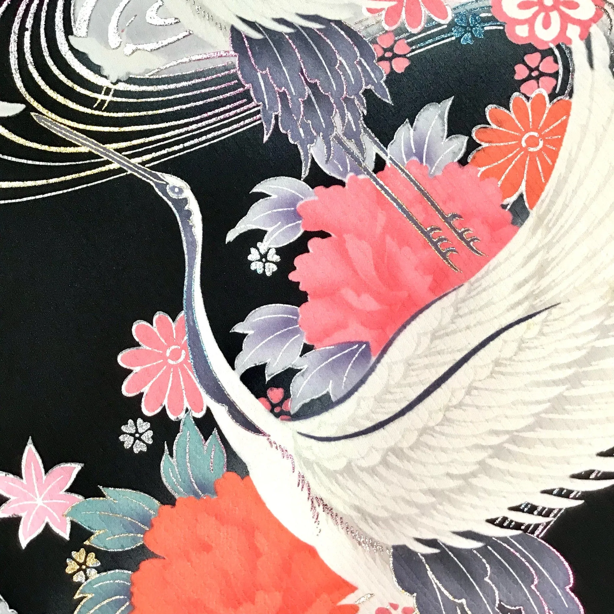 Vintage Furisode Kimono ‘Black & Pink With Silver Cranes’