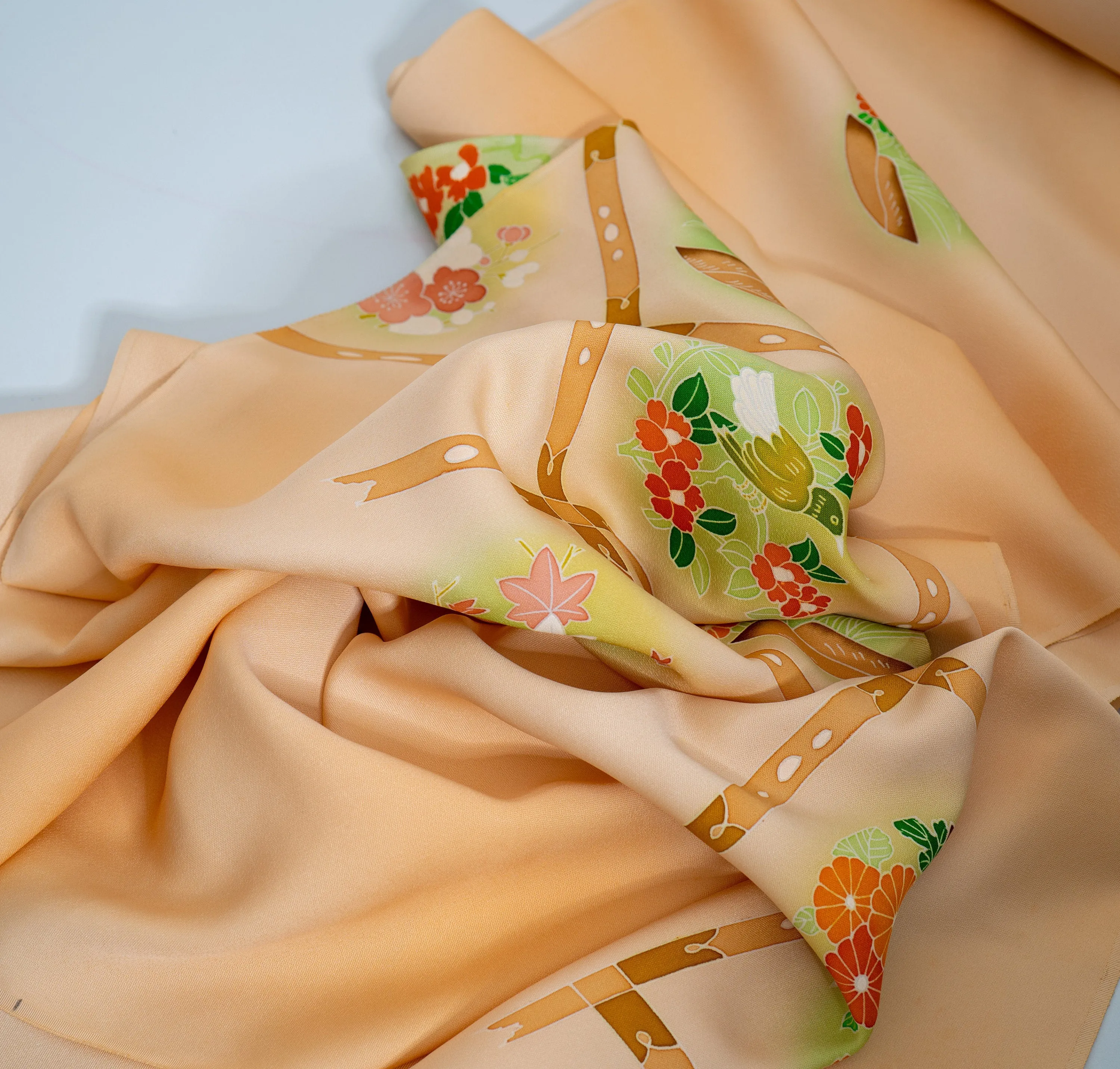 Vintage Kimono Floral Boxed Square Fabric Bolt - Beige with Red Orange Chrysanthemum Flowers
