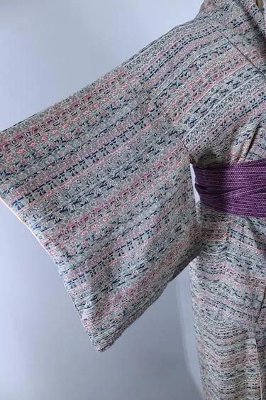 Vintage Teal Blue Floral Silk Kimono Robe