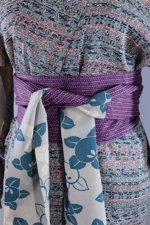 Vintage Teal Blue Floral Silk Kimono Robe