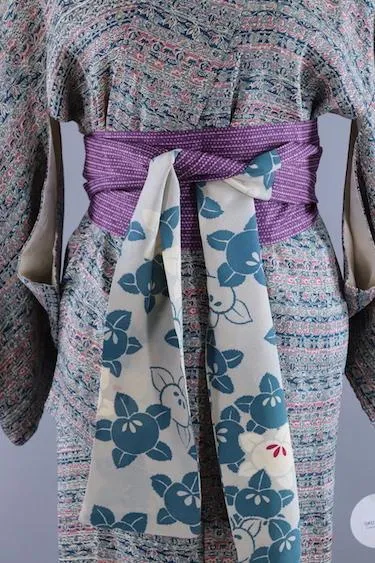 Vintage Teal Blue Floral Silk Kimono Robe