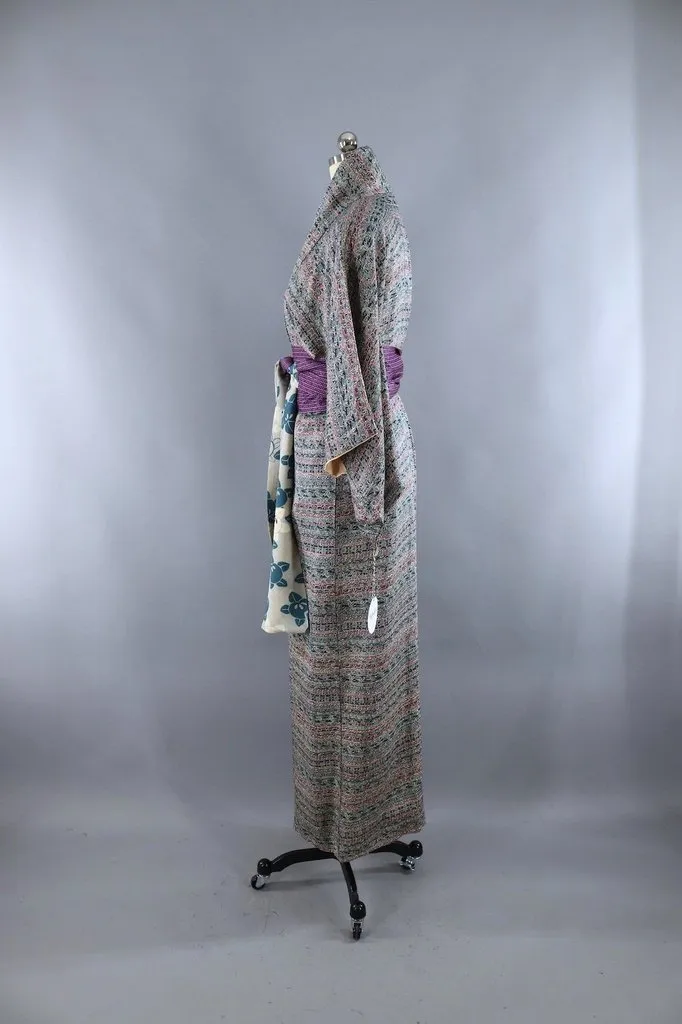 Vintage Teal Blue Floral Silk Kimono Robe