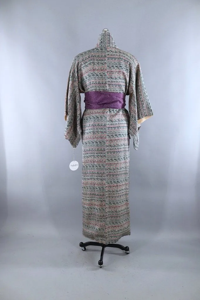 Vintage Teal Blue Floral Silk Kimono Robe