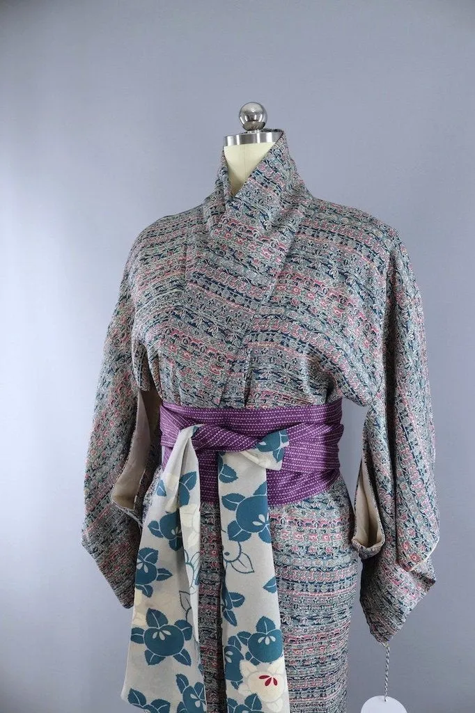 Vintage Teal Blue Floral Silk Kimono Robe