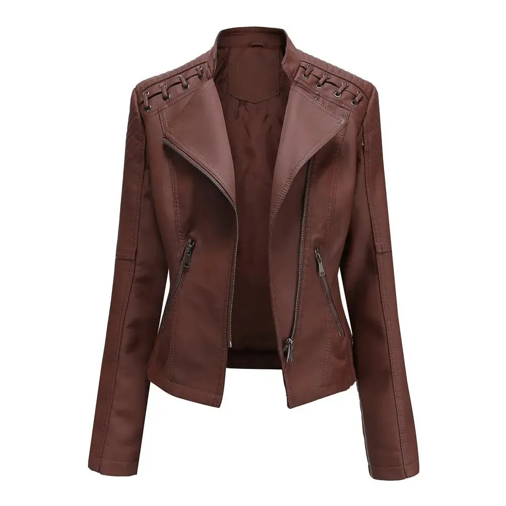 Women Leather Jacket Slim Fit Spring Autumn Motorcycle Zipper*