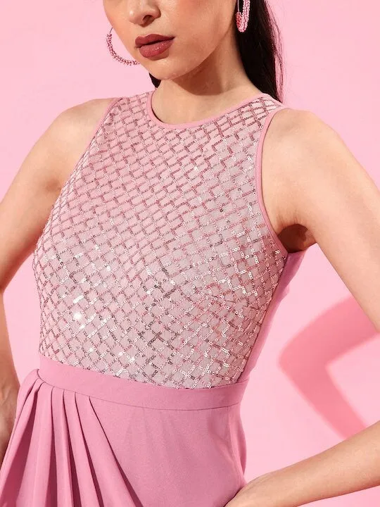 Women Pink Sequinned Wrap Midi Dress