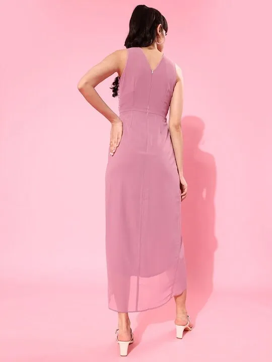 Women Pink Sequinned Wrap Midi Dress