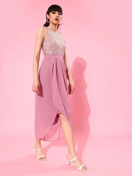 Women Pink Sequinned Wrap Midi Dress