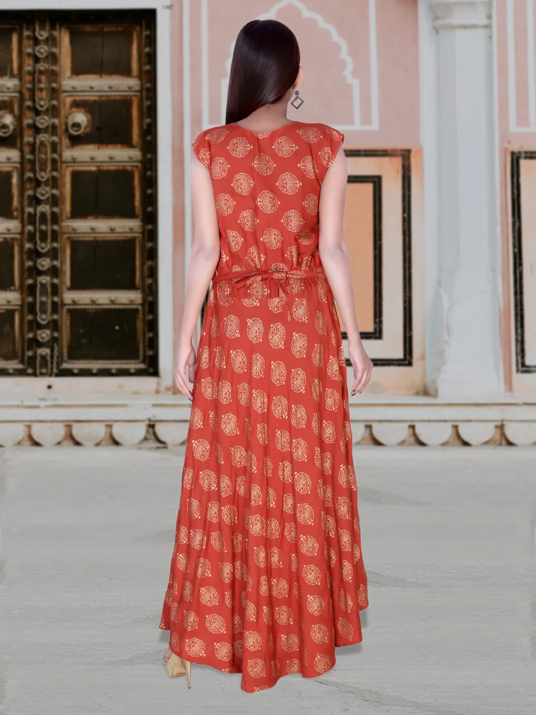 Women Rayon Gold Print Maxi Long Dress