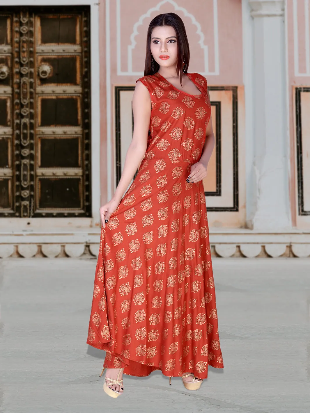 Women Rayon Gold Print Maxi Long Dress