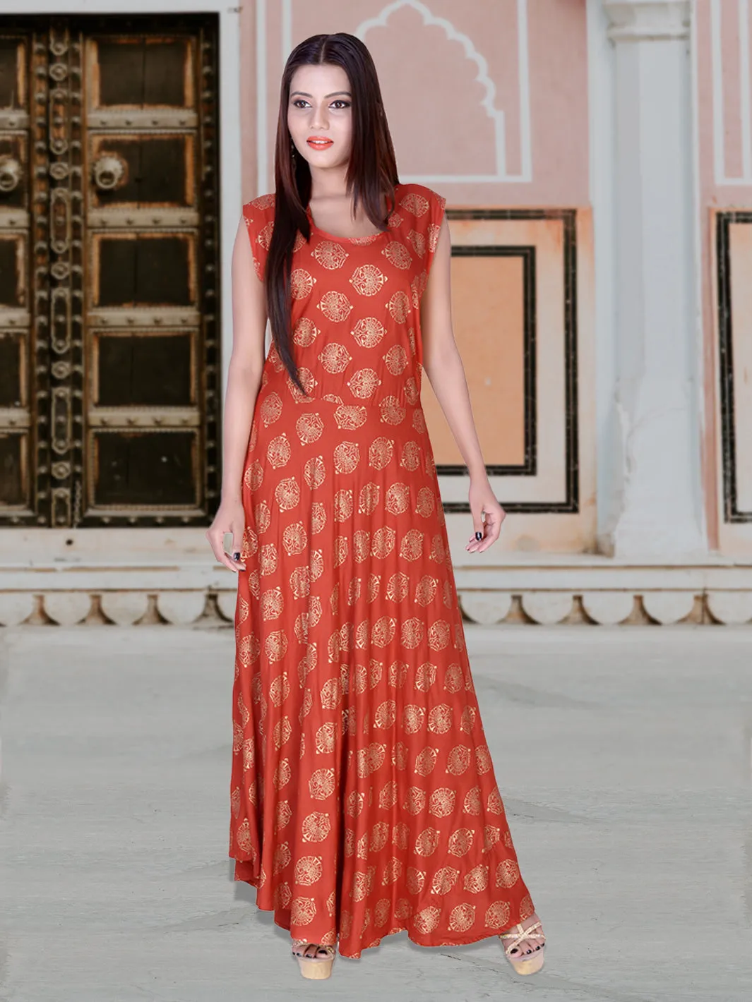 Women Rayon Gold Print Maxi Long Dress