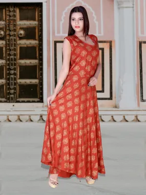 Women Rayon Gold Print Maxi Long Dress