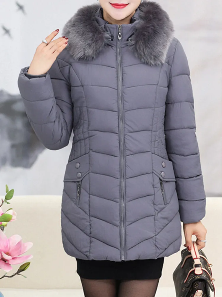 Women Solid Faux Fur Hooded Down Coat