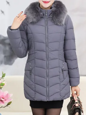 Women Solid Faux Fur Hooded Down Coat