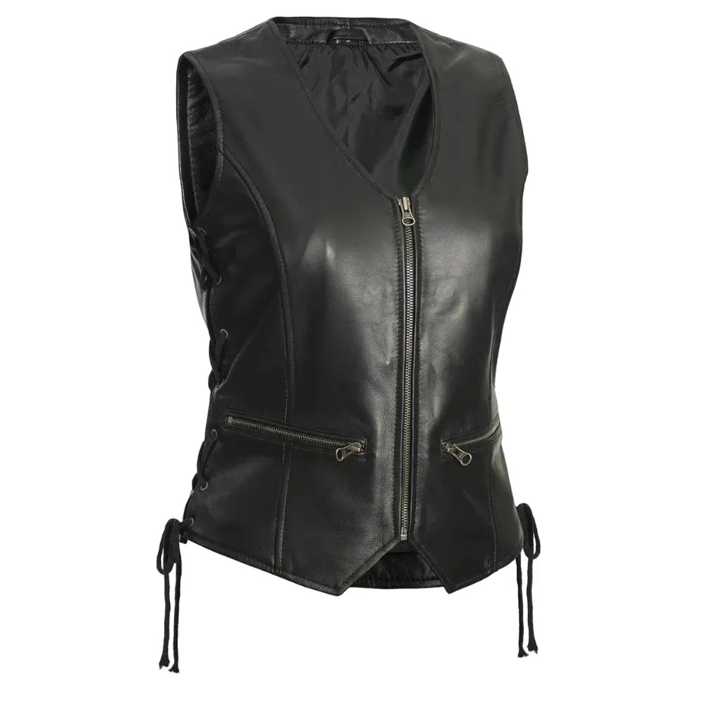 Womens Black Leather Zipper Vest