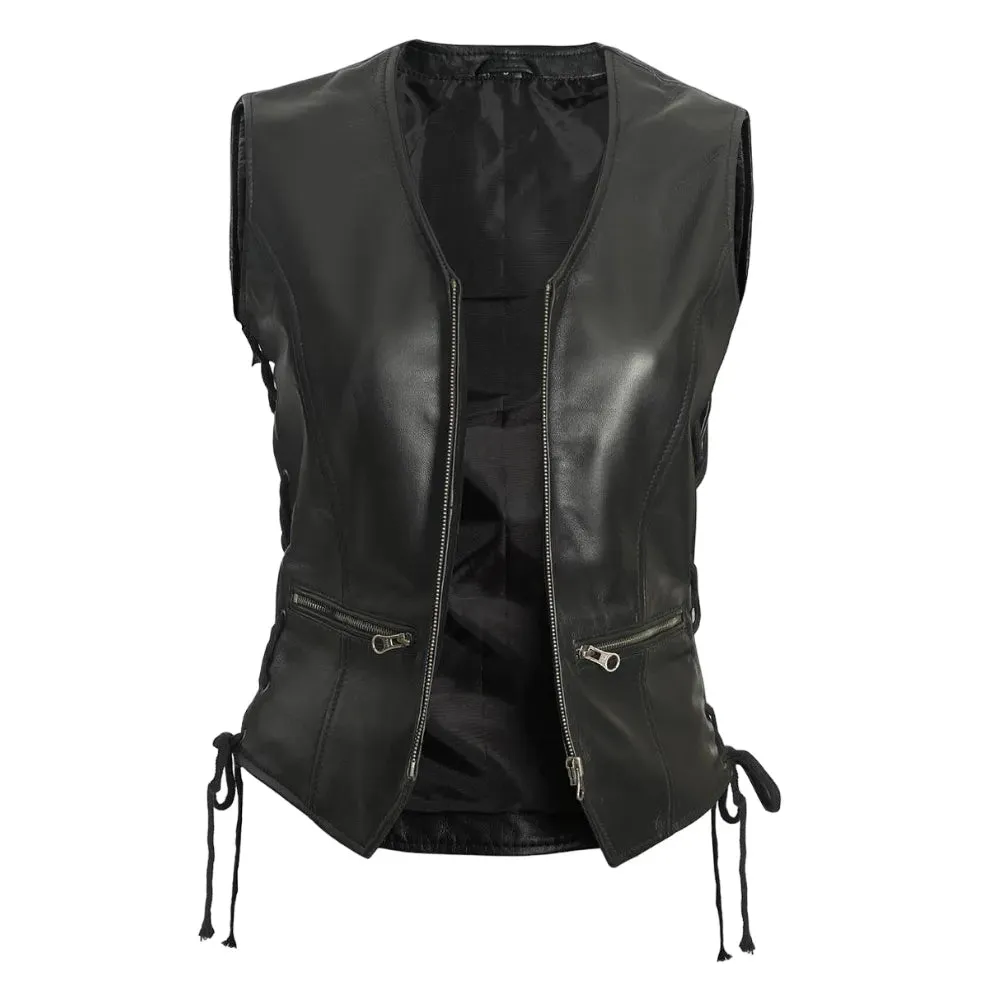 Womens Black Leather Zipper Vest